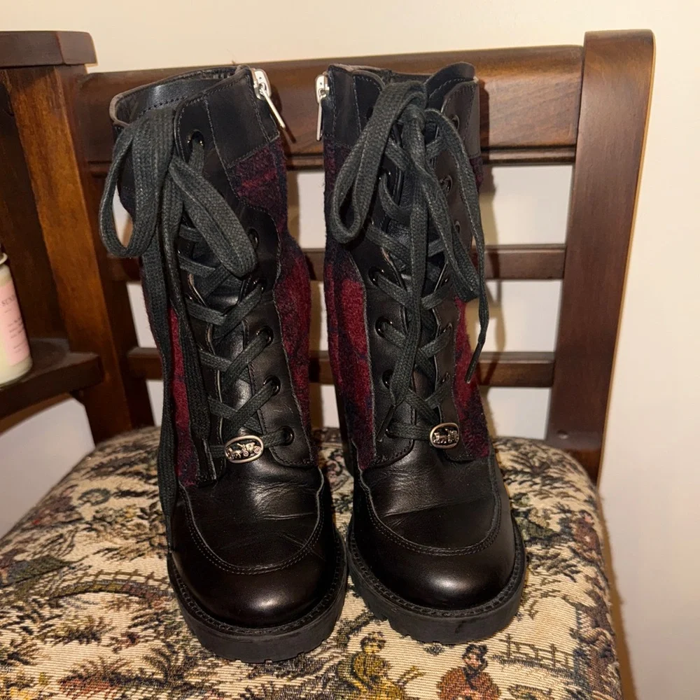 Coach Hartley Plaid Lace-Up Booties Black Leather & Red Wool Ankle Boots 7B